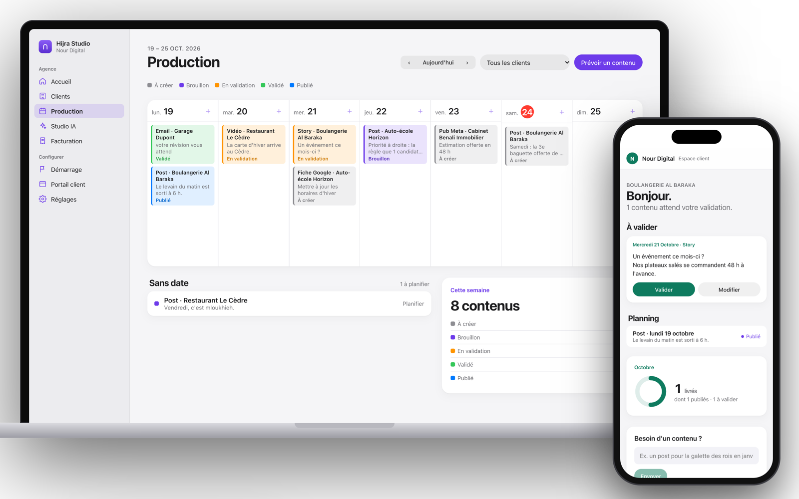 Le logiciel Hijra Studio sur ordinateur et l'espace client sur téléphone